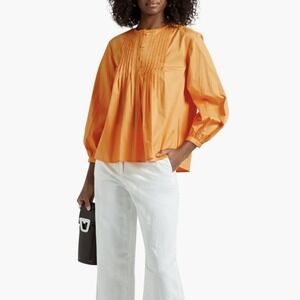 Derek Lam 10 Crosby Gathered Pintucked Cotton Poplin Blouse Orange Size 6 New